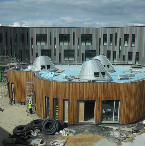 View of the pod and courtyard from one side of the CS building May 2010